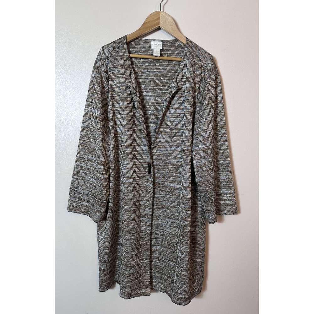 Chicos Cardigan Size 3 US 16 Brown Gray Chevron Open Front 3/4 Lagenlook Coastal
